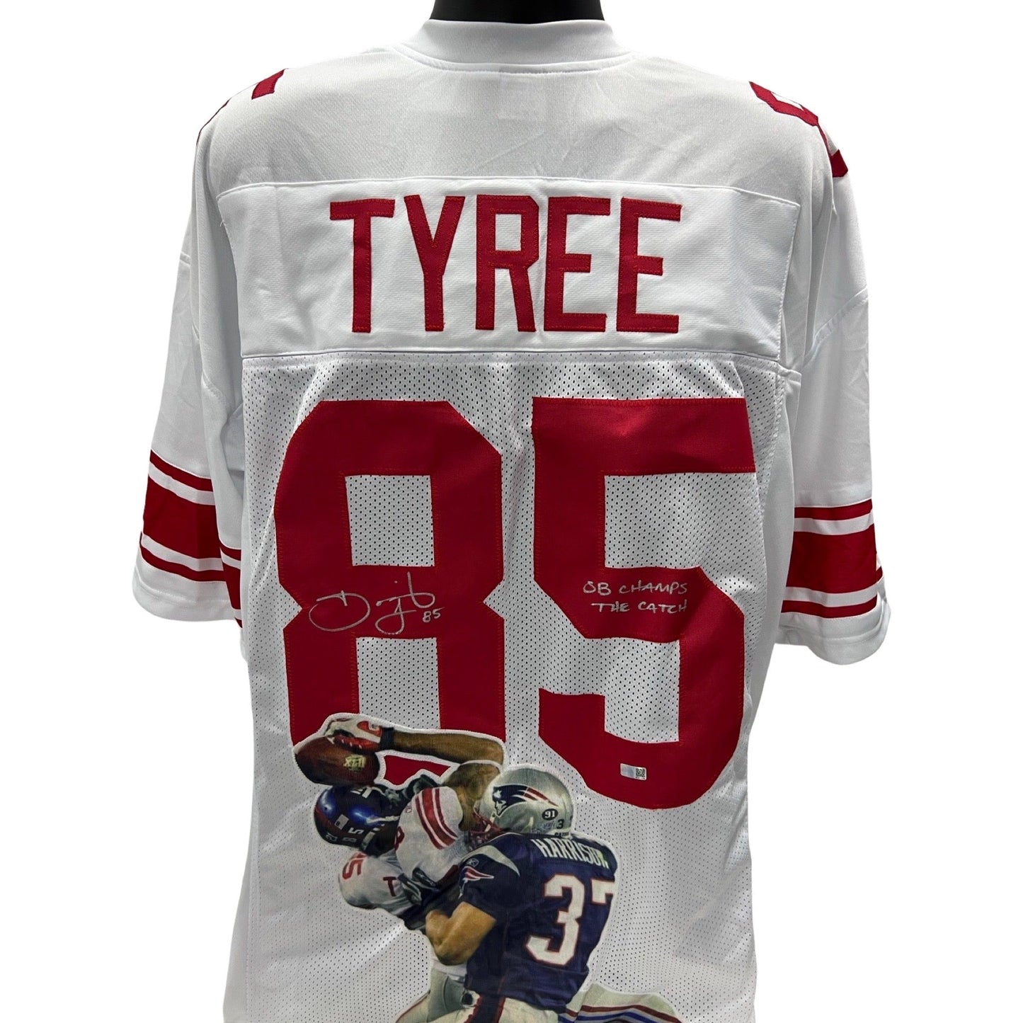 David Tyree Autographed New York Giants White Art Jersey The Catch, SB Champs Inscriptions Steiner CX
