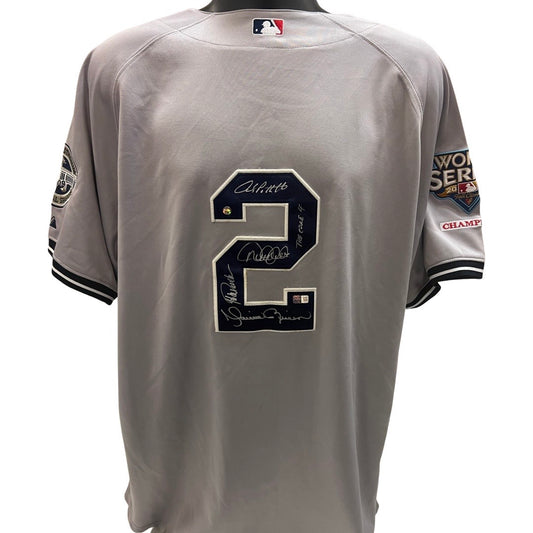 Derek Jeter, Mariano Rivera, Andy Pettitte & Jorge Posada Autographed New York Yankees Grey 2009 World Series Authentic Jersey “The Core 4” Inscription Steiner & Steiner CX