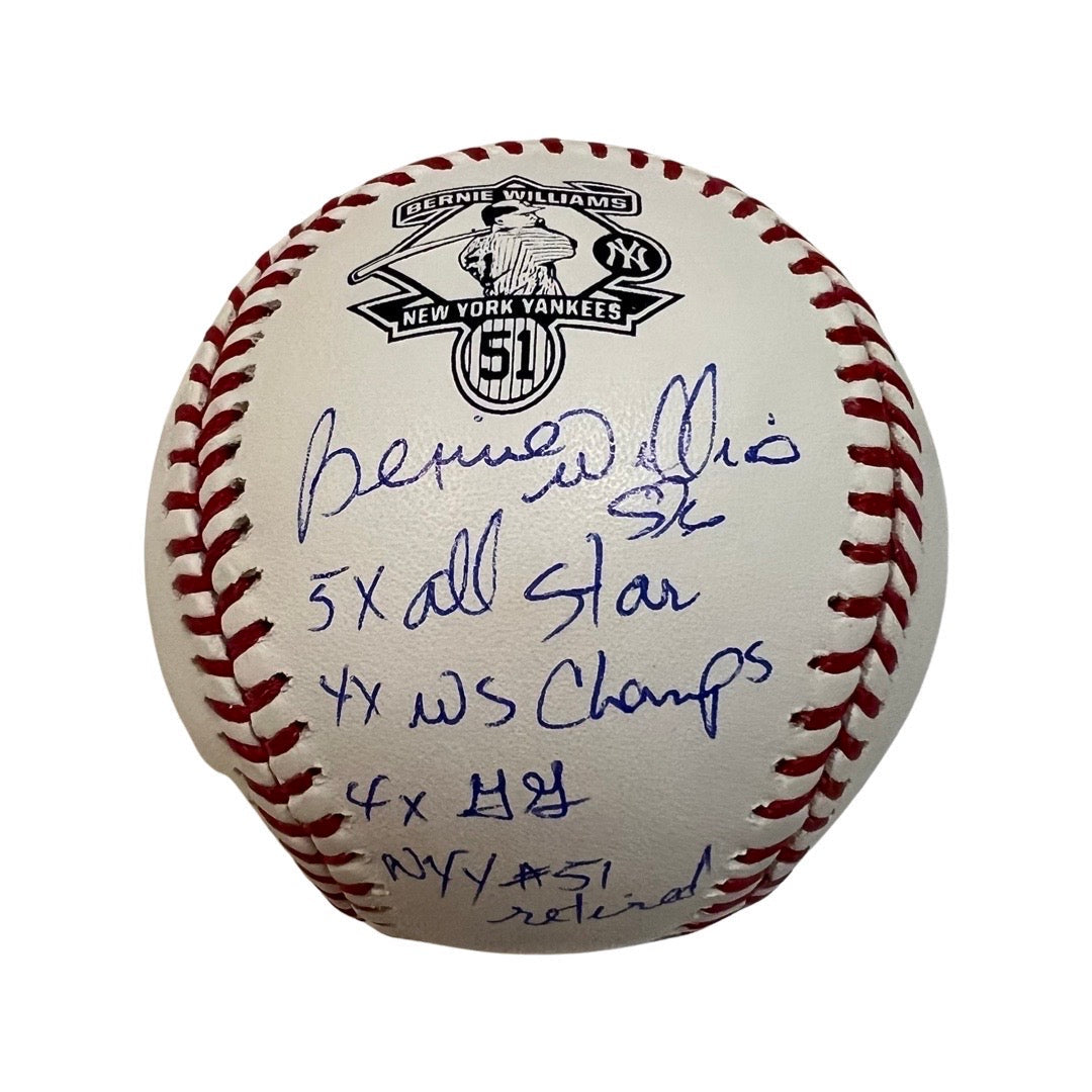 Bernie Williams Autographed New York Yankees Retirement Logo Baseball 5x All Star, 4x WS Champs, 4x GG, NYY #51 Retired Inscriptions Steiner CX