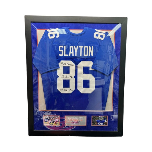 Darius Slayton Autographed New York Giants Framed Blue Jersey “10/6/19 1st NFL TD, 2019 Rd 5 171st Pick” Inscriptions JSA