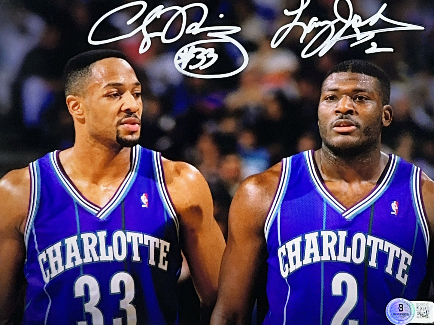 Larry Johnson & Alonzo Mourning Autographed Charlotte Hornets Side by Side 8x10 Beckett