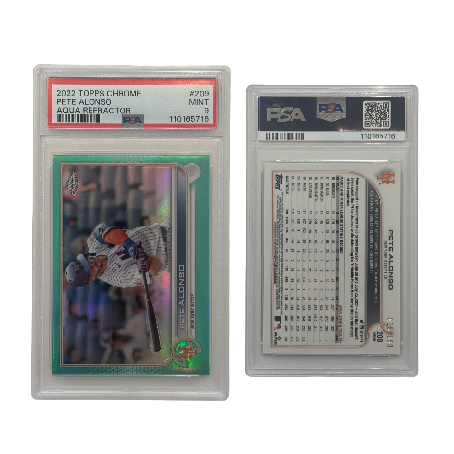 2022 Pete Alonso Topps Chrome Aqua Refractor 035/199 #209 PSA 9 MINT