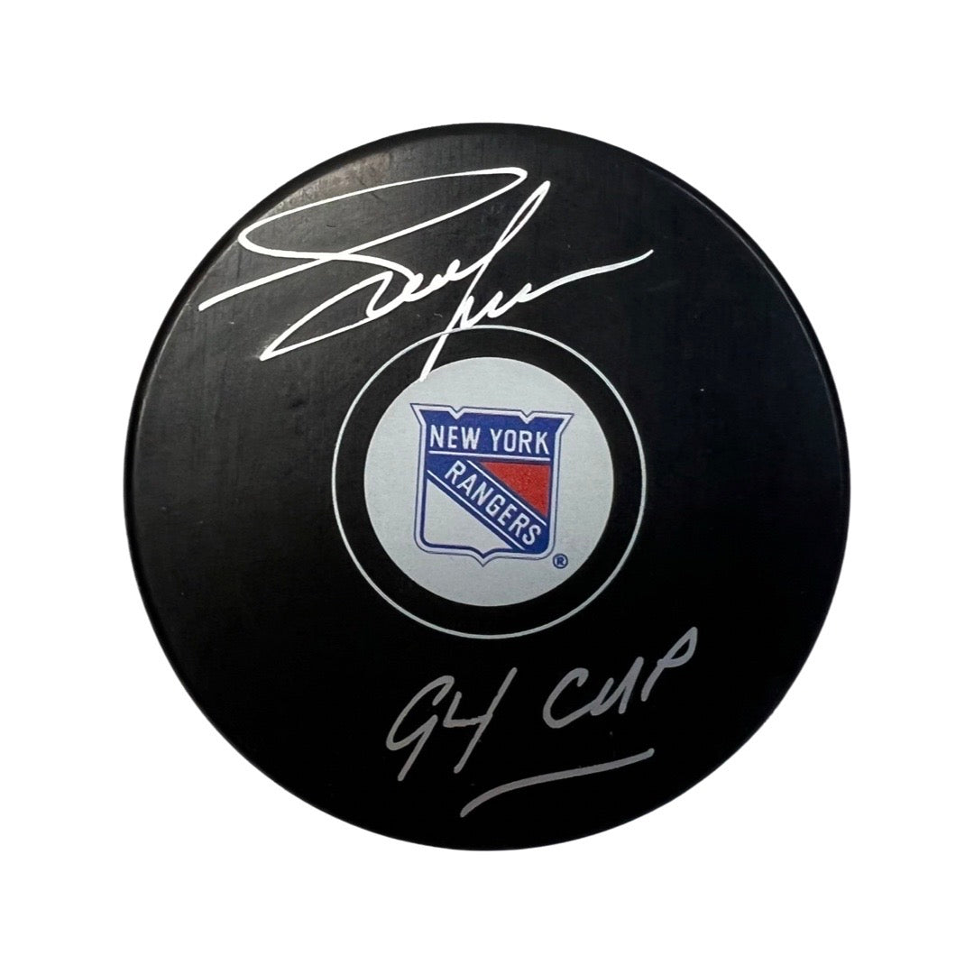 Adam Graves Autographed New York Rangers Logo Puck 94 Cup Inscription Steiner CX