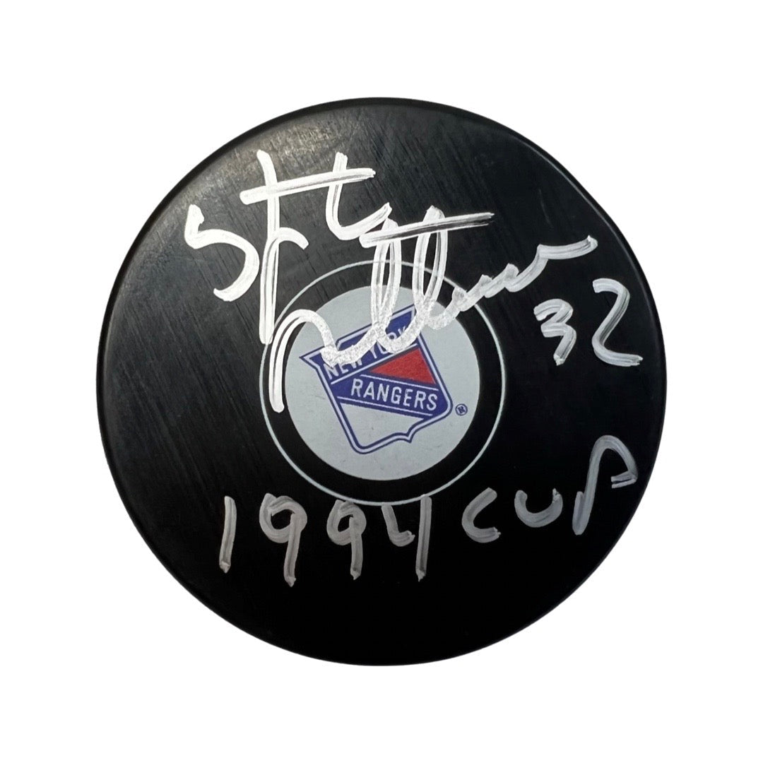 Stephane Matteau Autographed New York Rangers Logo Puck 1994 Cup Inscription JSA