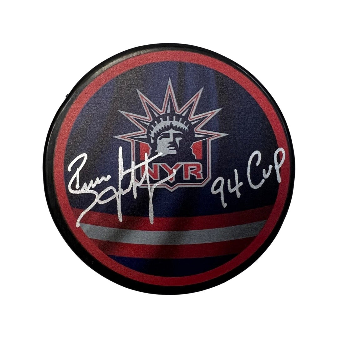 Brian Leetch Autographed New York Rangers Lady Liberty Puck Steiner CX
