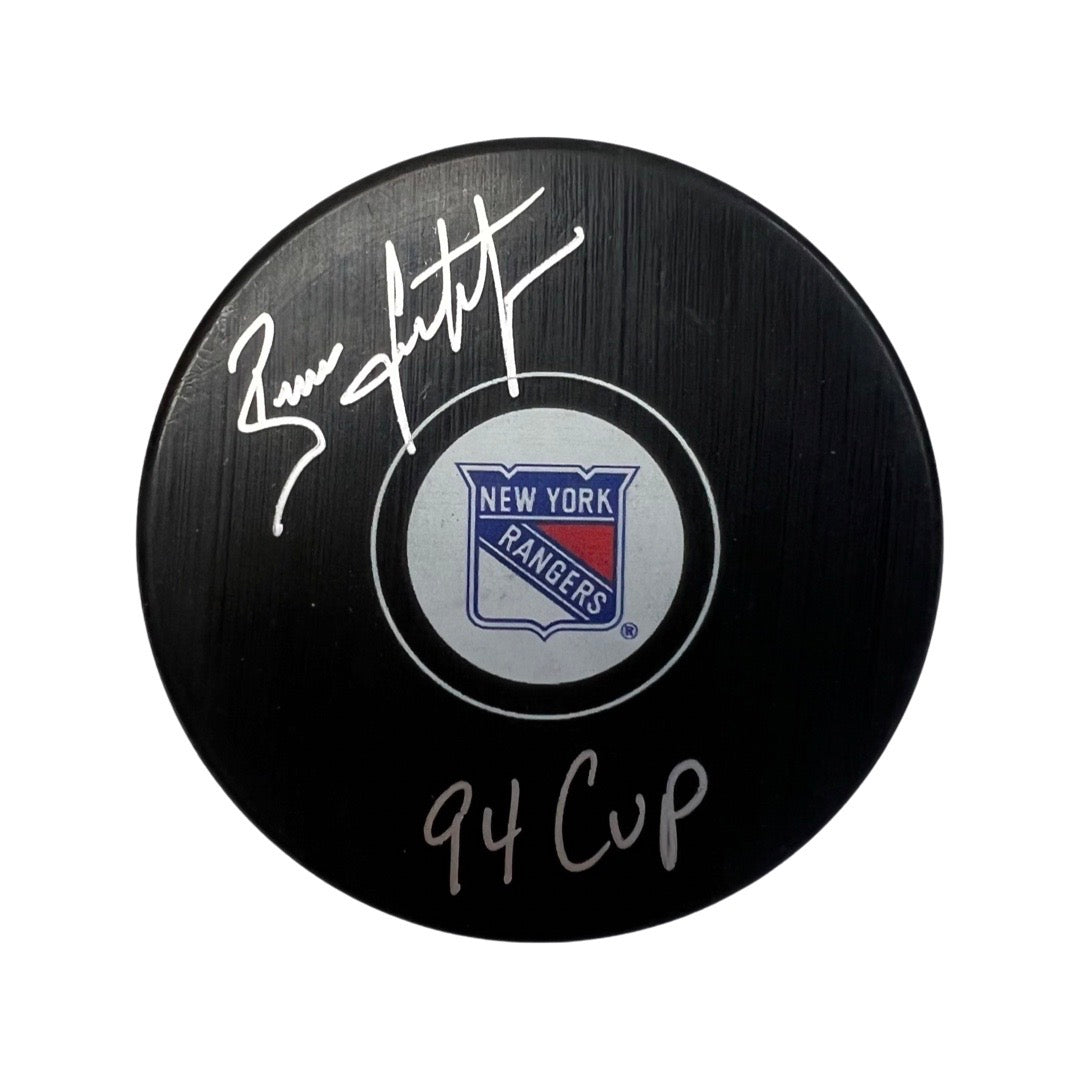 Brian Leetch Autographed New York Rangers Logo Puck “94 Cup” Inscription Steiner CX