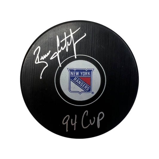Brian Leetch Autographed New York Rangers Logo Puck 94 Cup Inscription Steiner CX