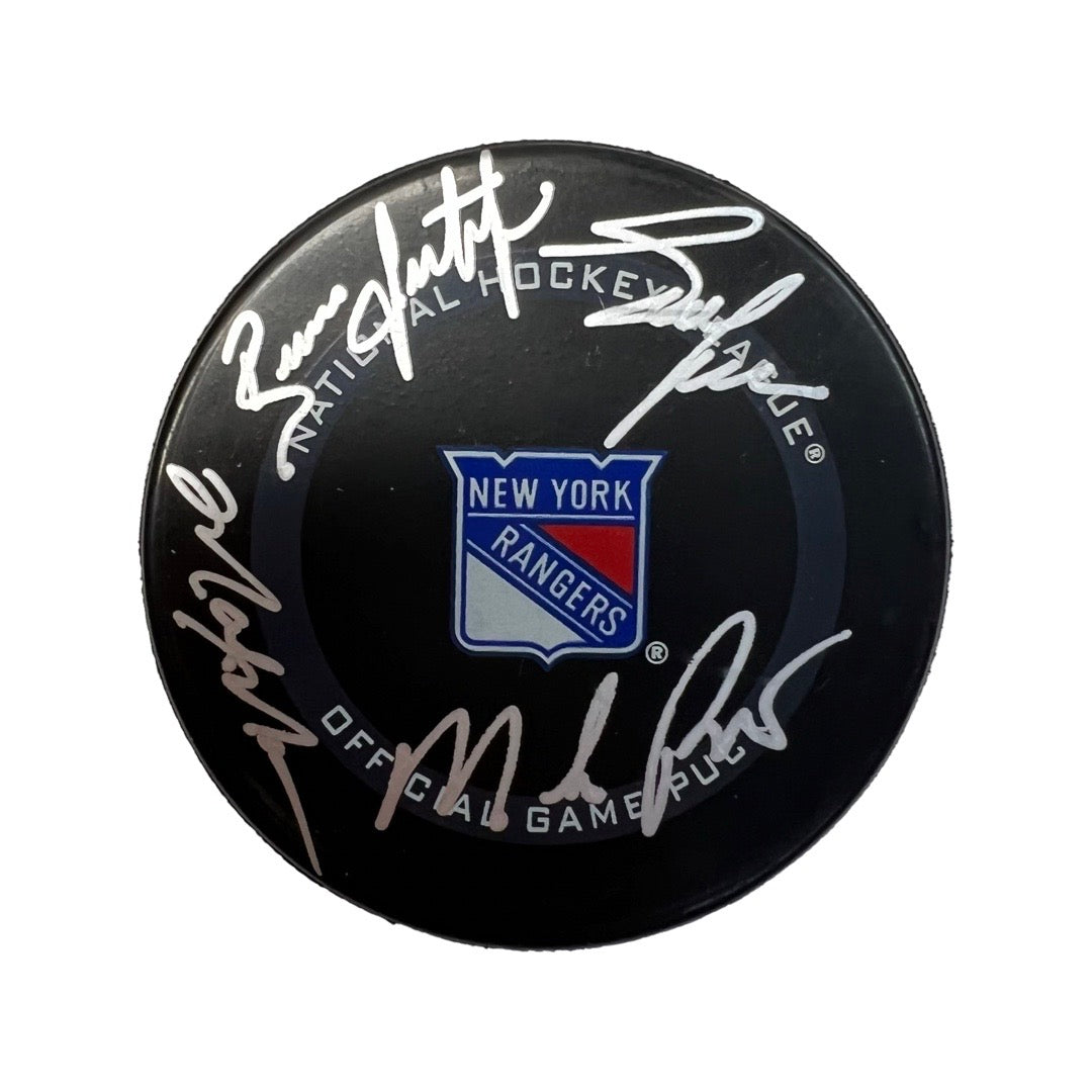Mark Messier, Mike Richter, Brian Leetch & Adam Graves Autographed New York Rangers “Core 94” Official Game Puck Steiner CX