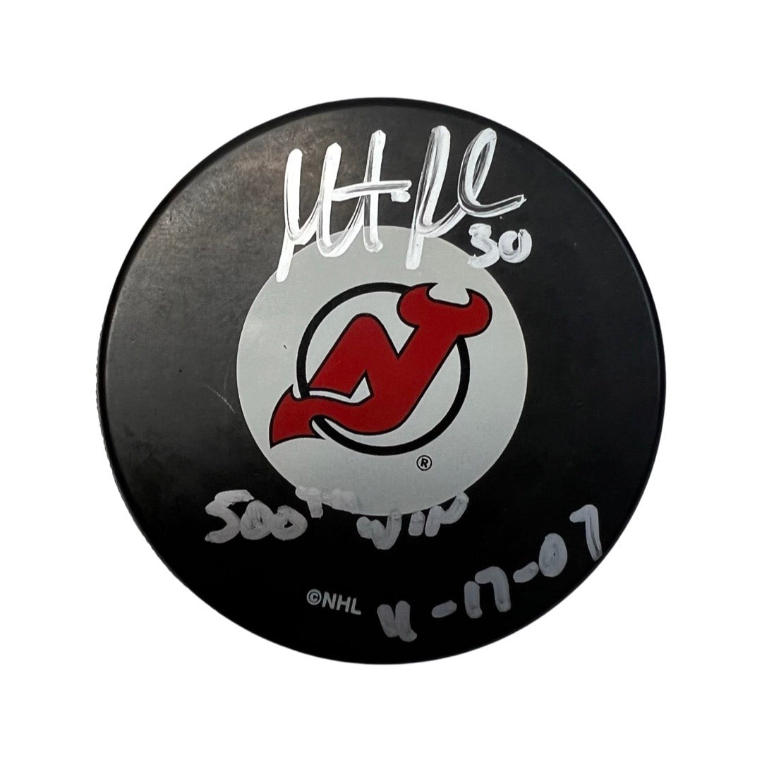 Martin Brodeur Autographed New Jersey Devils Logo Puck 500th Win 4-17-07 Inscription Steiner
