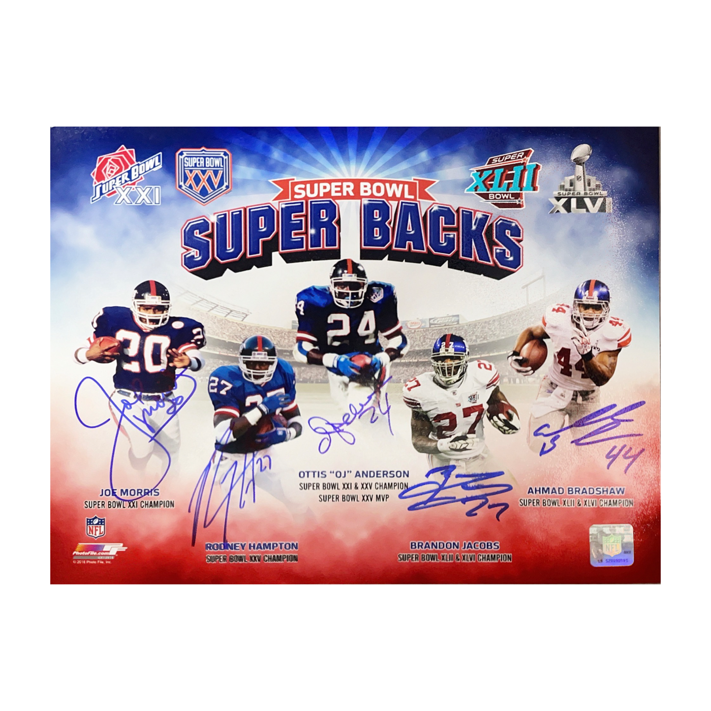 Brandon Jacobs, Ahmad Bradshaw, OJ Anderson, Joe Morris & Rodney Hampton Autographed New York Giants Superbacks 11x14 JSA - Unframed
