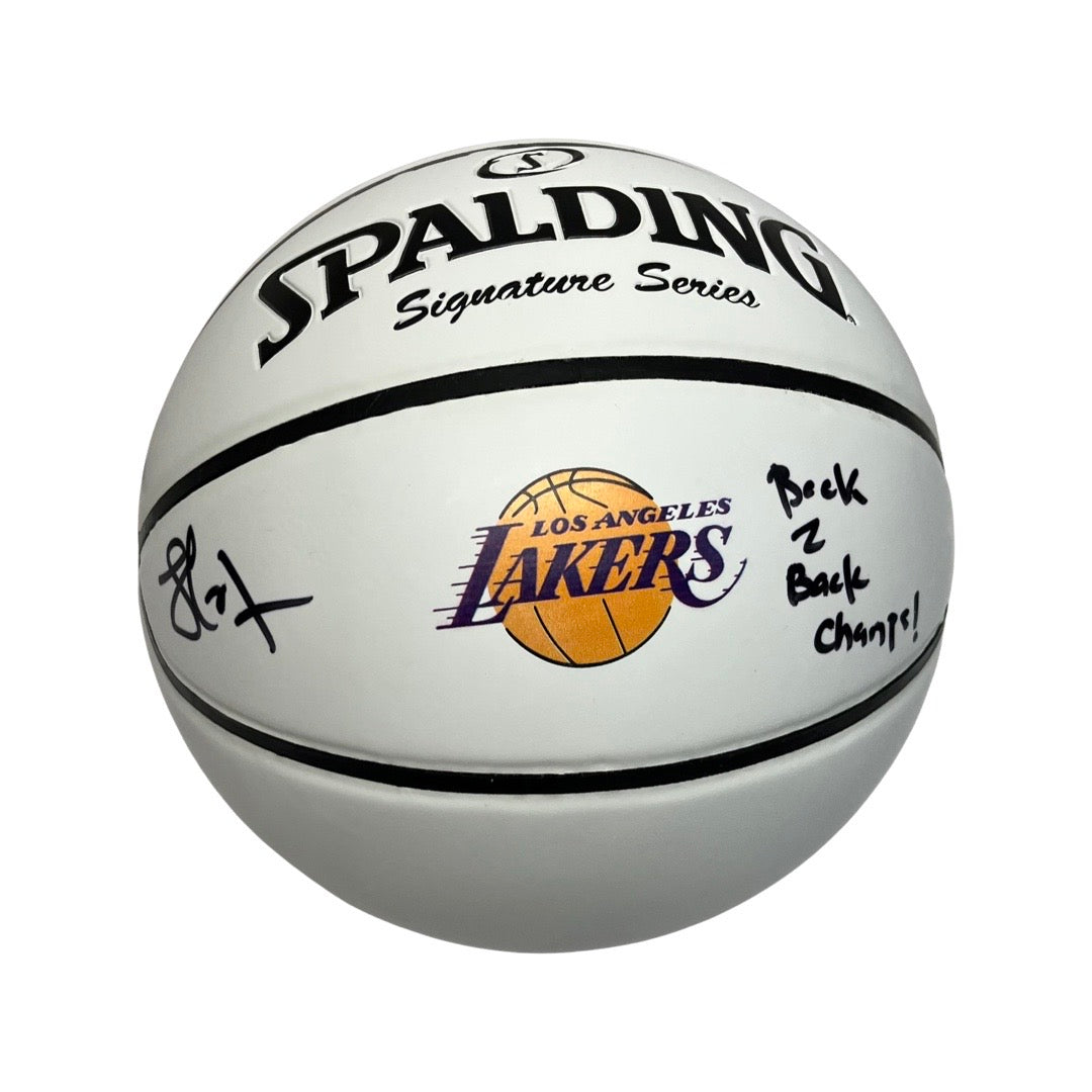 Lamar Odom Autographed Los Angeles Lakers White Panel Logo Basketball Back 2 Back Champs Inscription Steiner CX