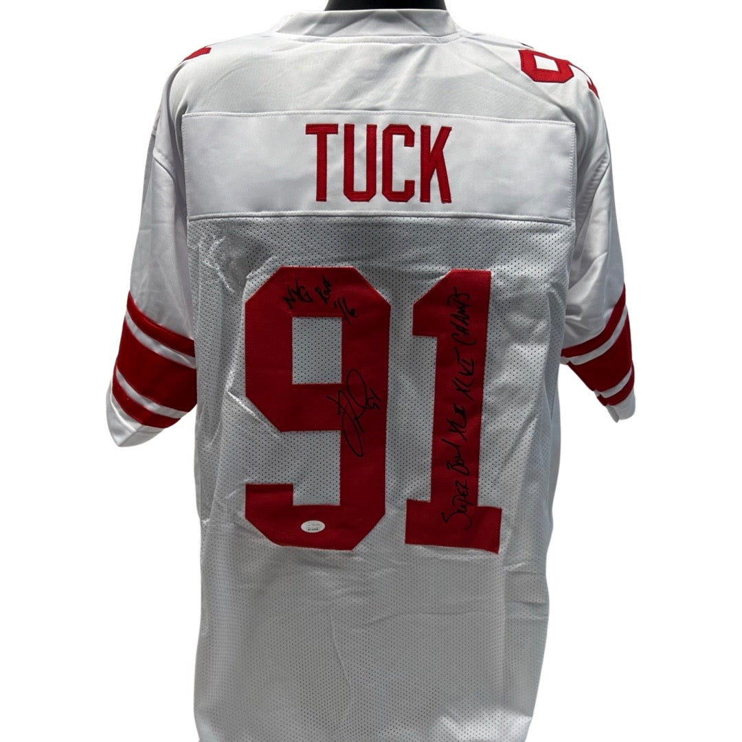 Justin Tuck Autographed New York Giants White Jersey “NYG ROH 16, 2x Super Bowl Champs XLII, XLVI” Inscriptions JSA