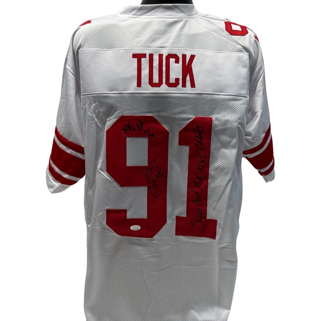 Justin Tuck Autographed New York Giants White Jersey NYG ROH 16, 2x Super Bowl Champs XLII, XLVI Inscriptions JSA