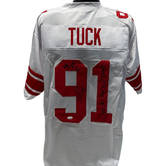 Justin Tuck Autographed New York Giants White Jersey NYG ROH 16, 2x Super Bowl Champs XLII, XLVI Inscriptions JSA
