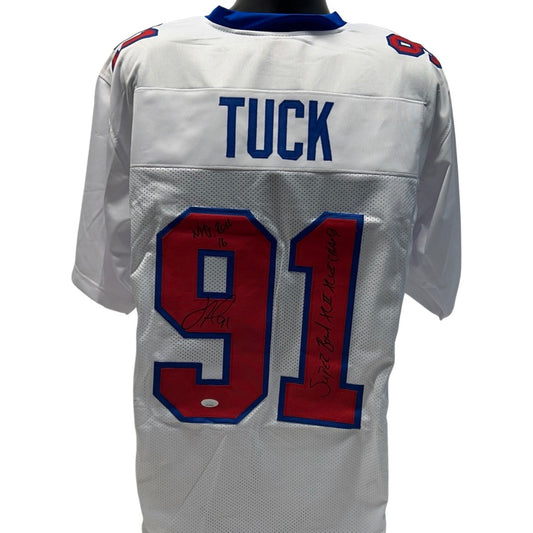 Justin Tuck Autographed New York Giants White/Red Jersey “NYG ROH 16, 2x Super Bowl Champs XLII, XLVI” Inscriptions JSA