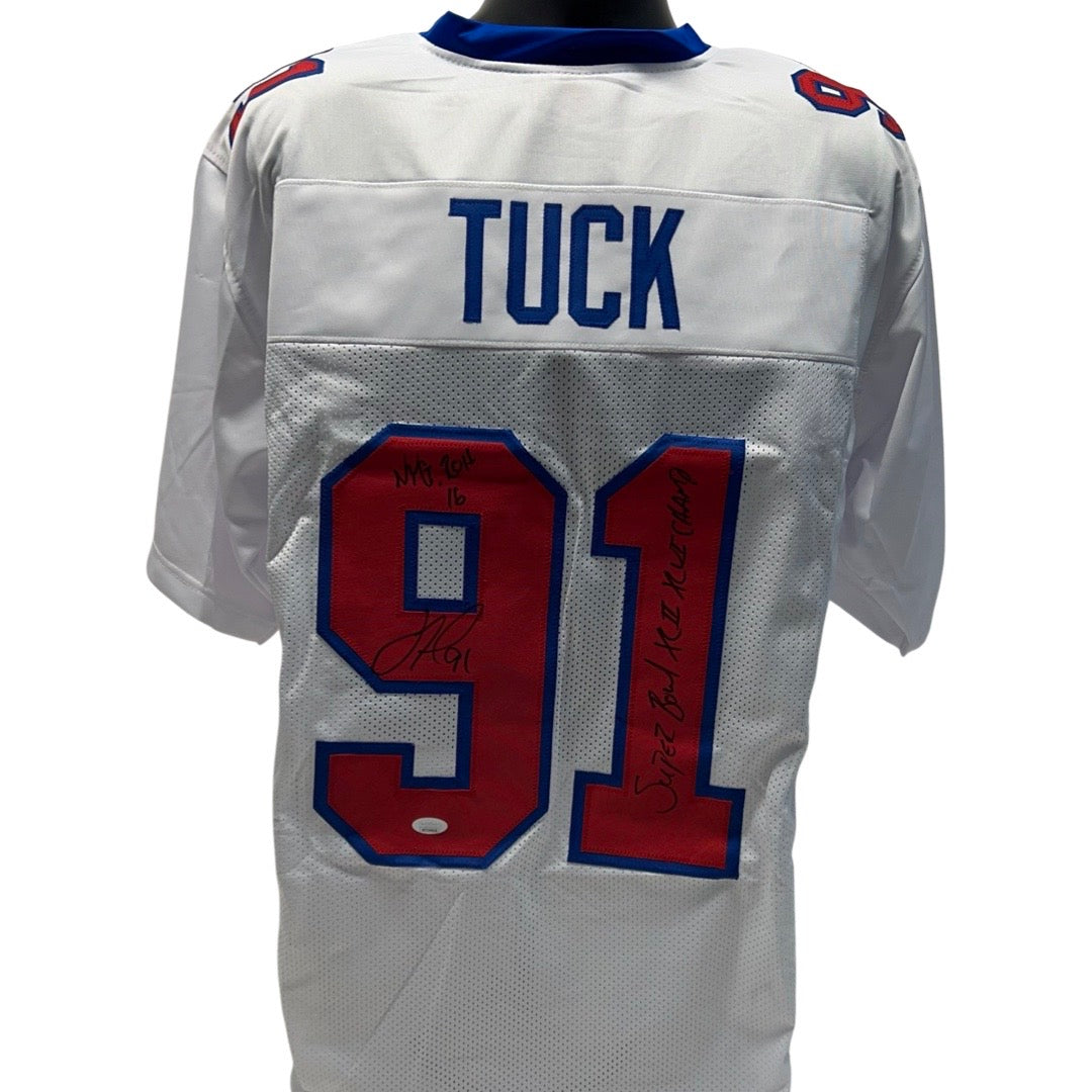 Justin Tuck Autographed New York Giants White/Red Jersey NYG ROH 16, 2x Super Bowl Champs XLII, XLVI Inscriptions JSA