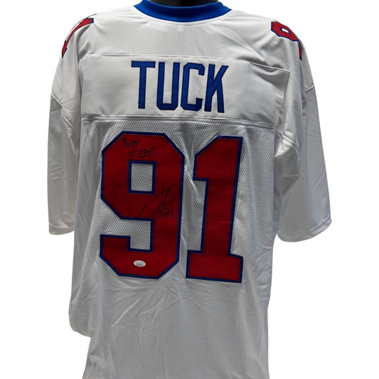 Justin Tuck Autographed New York Giants White/Red Jersey Beast of East Inscription JSA