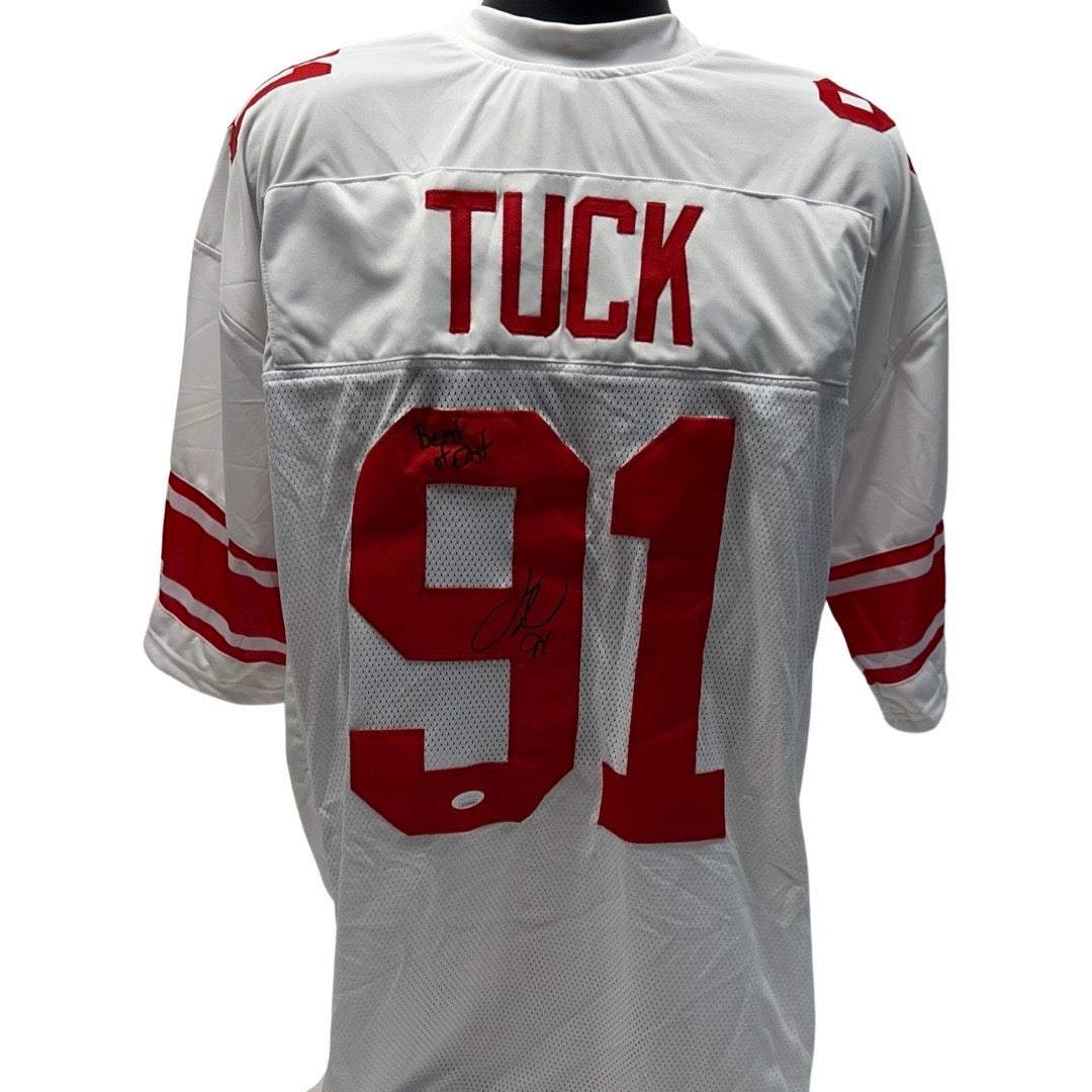 Justin Tuck Autographed New York Giants White Jersey Beast of East Inscription JSA