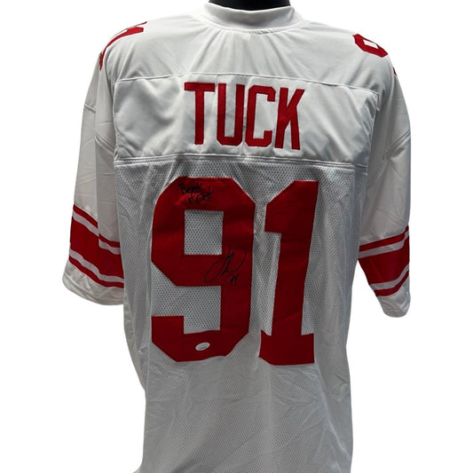 Justin Tuck Autographed New York Giants White Jersey Beast of East Inscription JSA