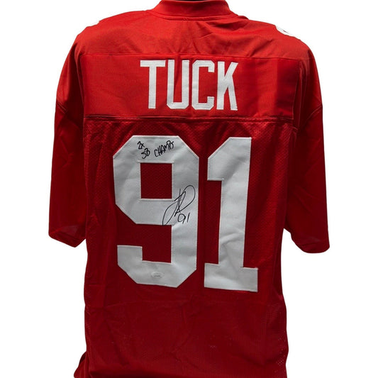 Justin Tuck Autographed New York Giants Red Jersey 2x SB Champs Inscription JSA