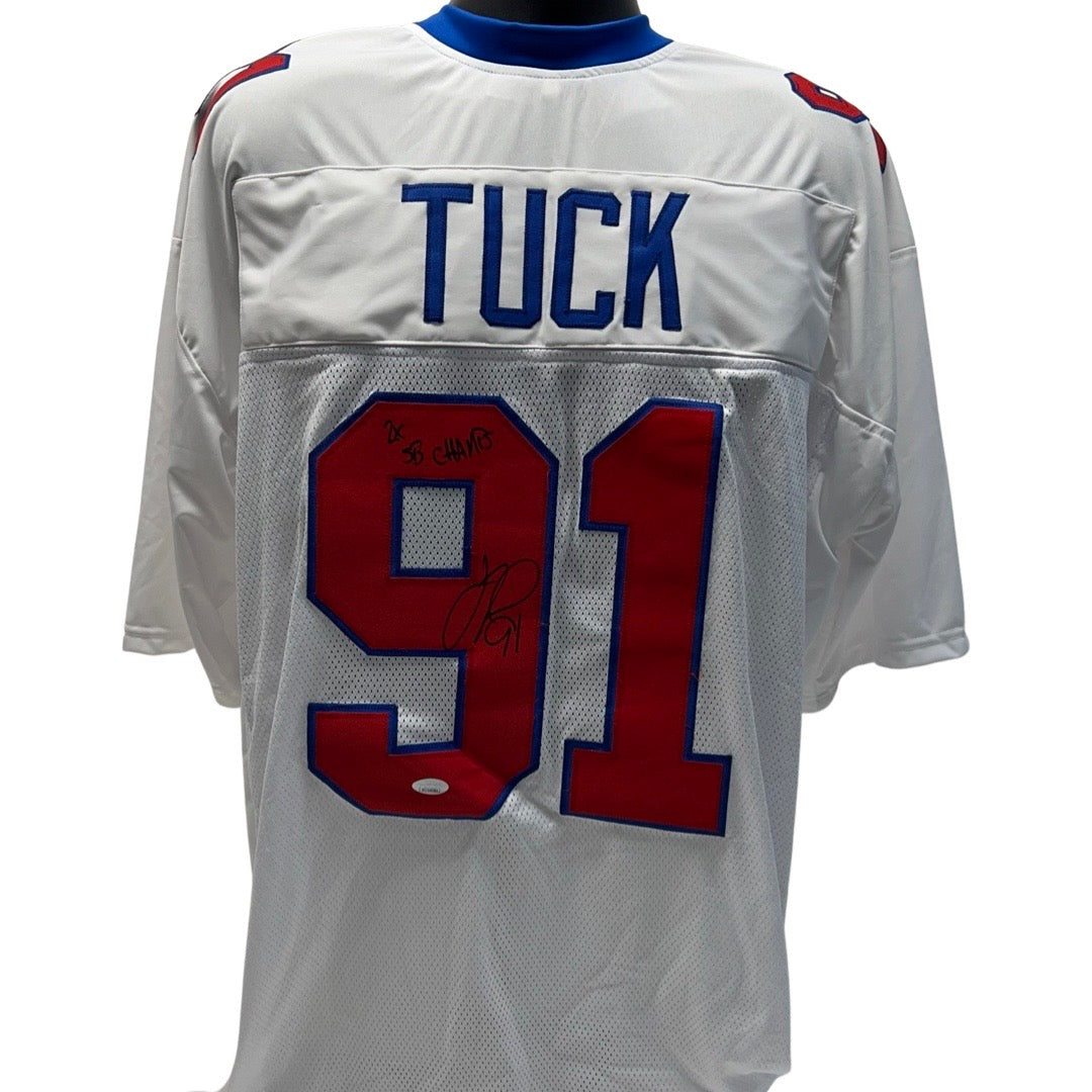 Justin Tuck Autographed New York Giants White/Red Jersey 2x SB Champs Inscription JSA