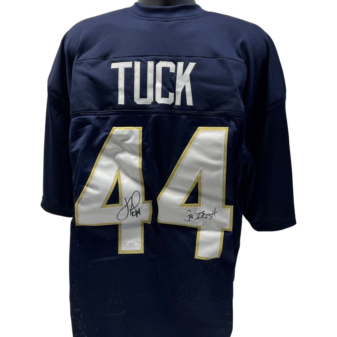 Justin Tuck Autographed Notre Dame Fighting Irish Blue Jersey “Go Irish” Inscription JSA