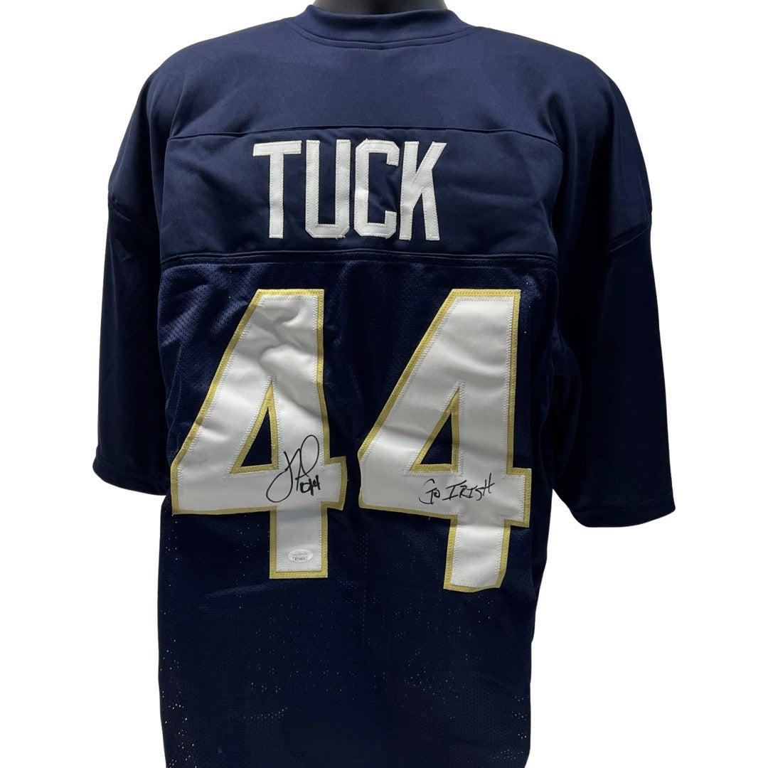 Justin Tuck Autographed Notre Dame Fighting Irish Blue Jersey Go Irish Inscription JSA