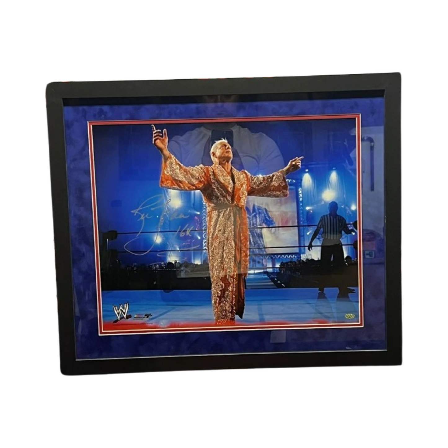 Ric Flair Autographed WWF/WWE Orange Robe 16x20 "16X" Inscription Leaf - Framed
