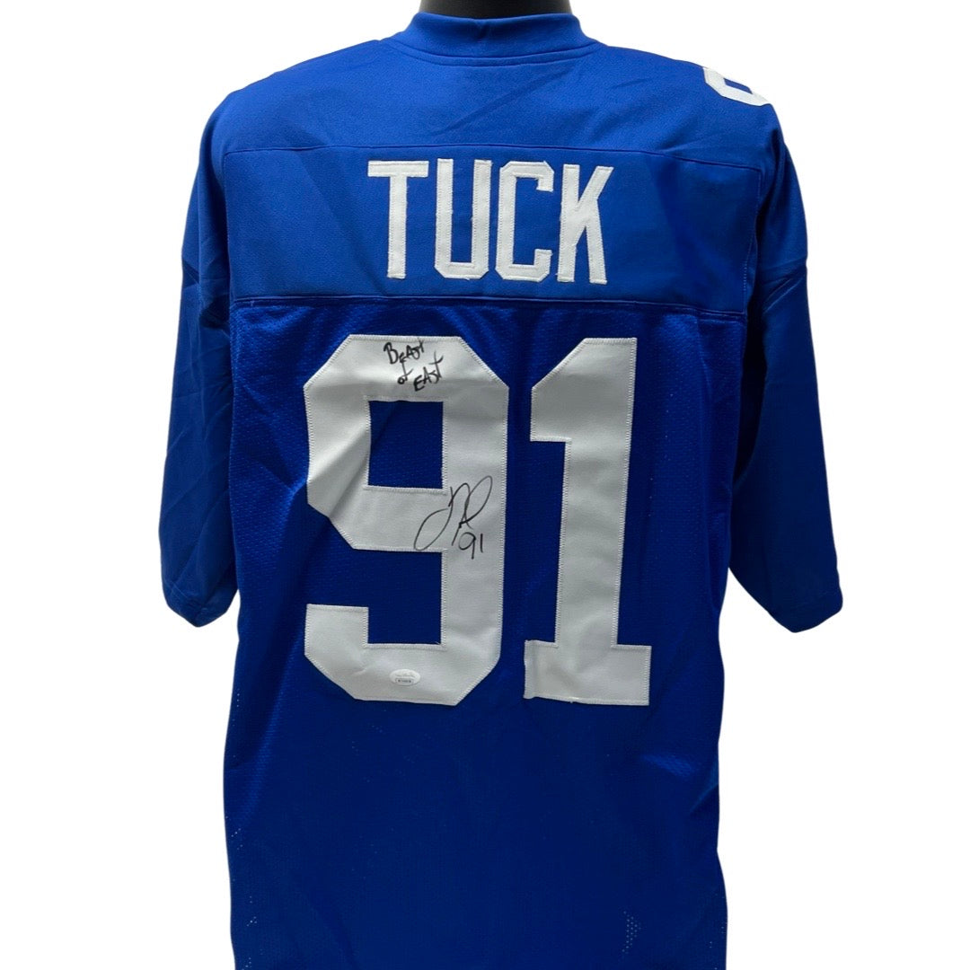 Justin Tuck Autographed New York Giants Blue Jersey “Beast of East” Inscription JSA