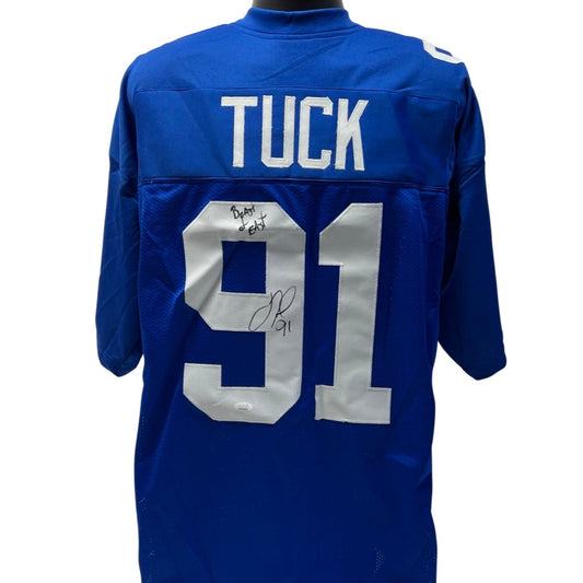 Justin Tuck Autographed New York Giants Blue Jersey Beast of East Inscription JSA