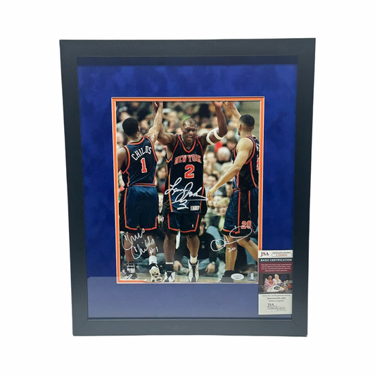 Larry Johnson, Allan Houston & Chris Childs Autographed New York Knicks High Five 11x14 JSA - Framed