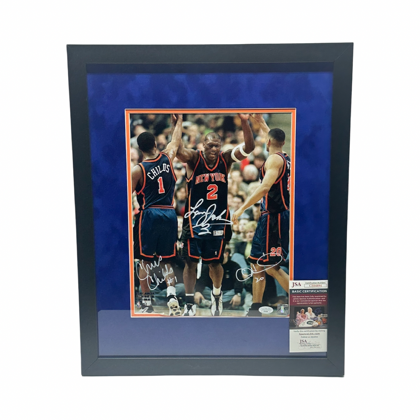 Larry Johnson, Allan Houston & Chris Childs Autographed New York Knicks High Five 11x14 JSA - Framed