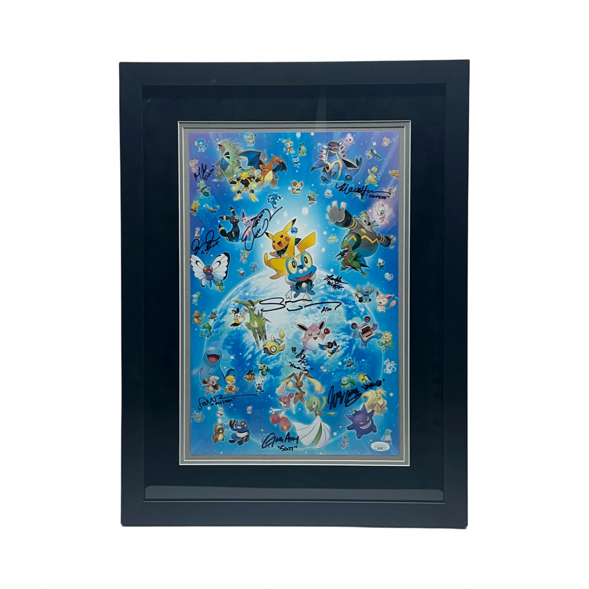 Sarah Natochenny, Greg Abbey, Alyson Leigh Rosenfield, Eric Schroeder, Martha Harms & Barrett Leddy Autugraphed Pokemon Cast Blue Edit 11x17 JSA - Framed