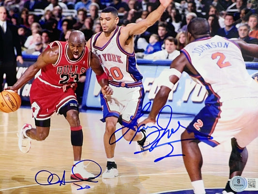 Larry Johnson & Allan Houston Autographed NY Knicks vs Jordan 8x10 Beckett - Unframed