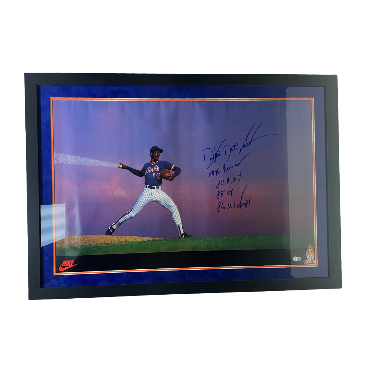 Doc Gooden Autographed New York Mets Nike Dr K Card 28x40 Photo 84 ROY, 85 Cy, 86 WS Champs Inscriptions Steiner CX - Framed