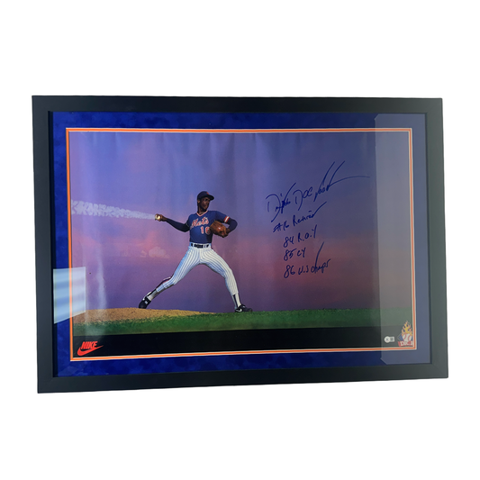 Doc Gooden Autographed New York Mets Nike Dr K Card 28x40 Photo 84 ROY, 85 Cy, 86 WS Champs Inscriptions Steiner CX - Framed