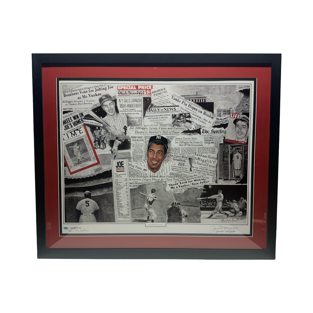 Joe DiMaggio Autographed New York Yankees Newspaper Collage Inscribed 405/444 33x40 Yankee Clipper Enterprises