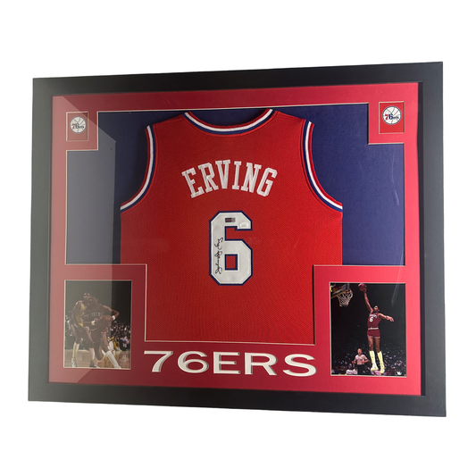 Julius Dr J Erving Autographed Philadelphia 76ers Red Jersey Horizontal JSA - Framed