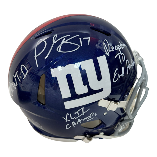 Plaxico Burress Autographed New York Giants Speed Authentic Helmet “Reception to End Perfection, G.W.T.D, XLII Champs” Inscriptions Steiner CX