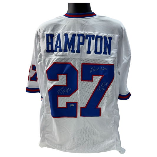 Rodney Hampton Autographed New York Giants White Jersey “Bleed Blue, SB XXV Champs 1991” Inscriptions Steiner CX