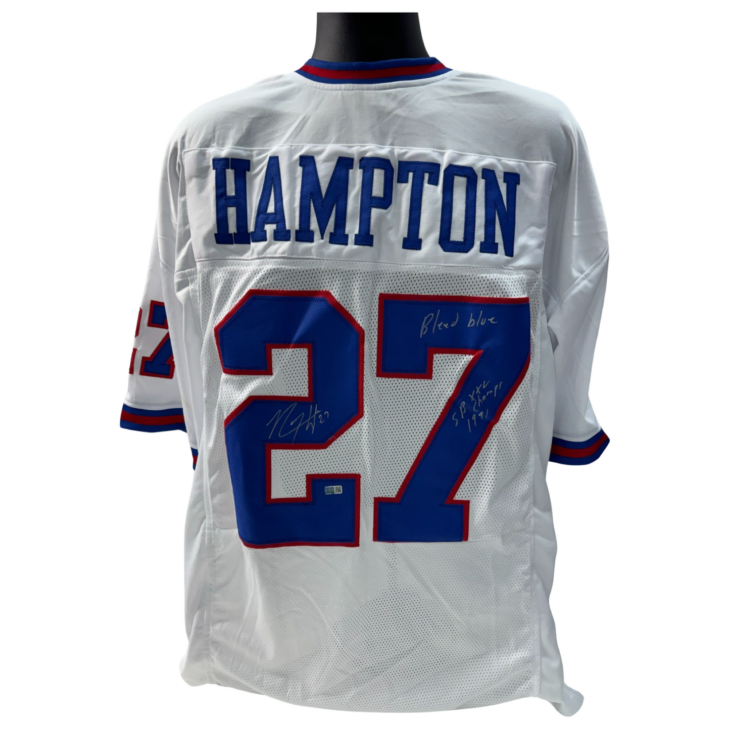 Rodney Hampton Autographed New York Giants White Jersey Bleed Blue, SB XXV Champs 1991 Inscriptions Steiner CX