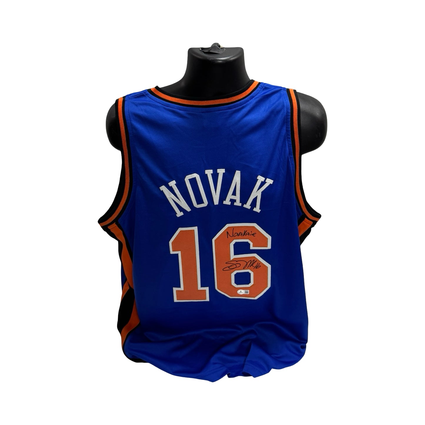Steve Novak Autographed New York Knicks Blue Jersey Black Stripe Inscribed Novakaine Beckett BAS