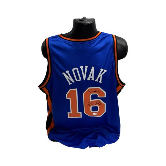 Steve Novak Autographed New York Knicks Blue Jersey Black Stripe Inscribed Novakaine Beckett BAS