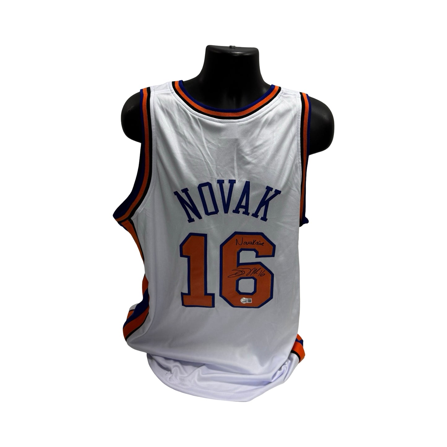 Steve Novak Autographed New York Knicks White Jersey Blue Stripe Inscribed Novakaine Beckett BAS