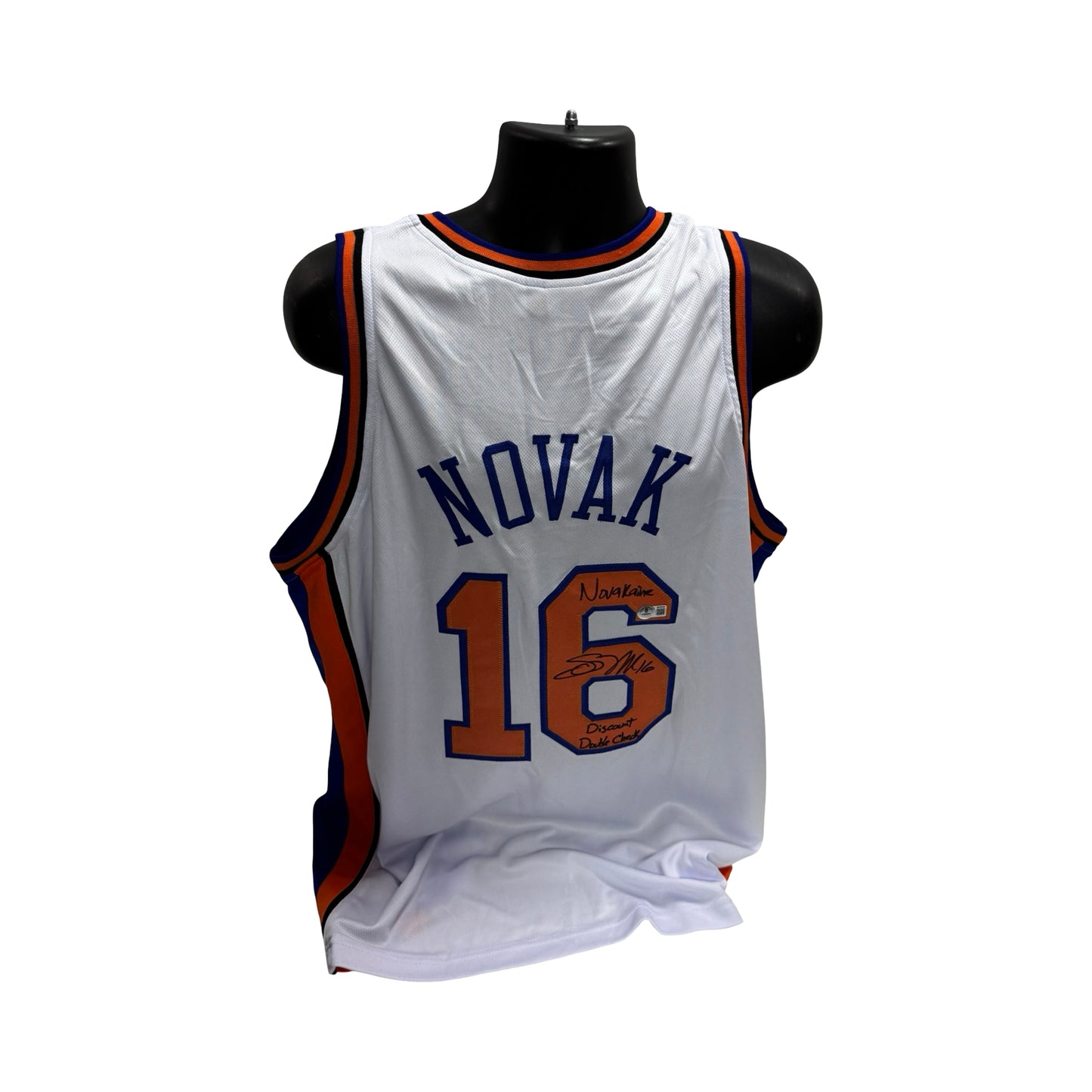 Steve Novak Autographed New York Knicks White Jersey Blue Stripe Inscribed Novakaine & Discount Double Check Beckett BAS