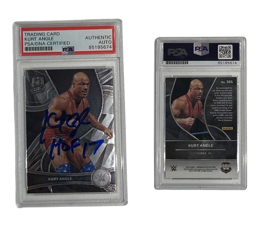 2022 Kurt Angle Autographed WWE Panini Spectra #385 "HOF 17" Inscription PSA Auto Authentic