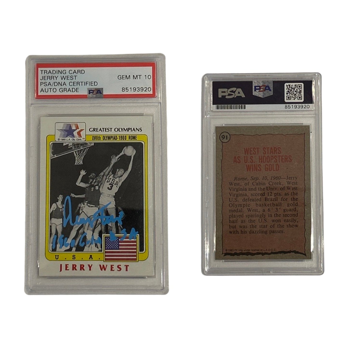1983 Jerry West Greatest Olympians USA Basketball Card #91 Autographed 1960 Gold USA Inscription PSA GEM MT 10 Auto