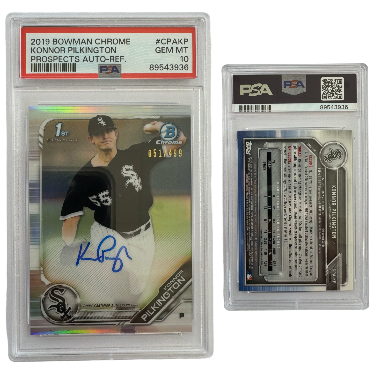 2019 Konnor Pilkington Autographed Bowman Chrome Prospects Autographs Refractor /499 #CPAKP PSA GEM MT 10