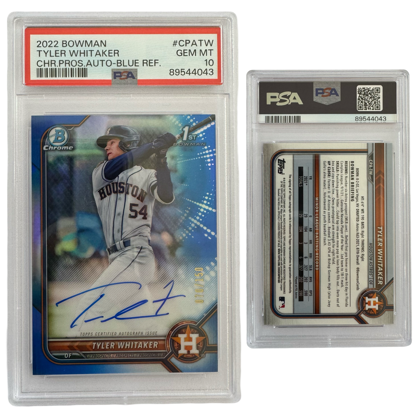 2022 Tyler Whitaker Autographed Bowman Chrome Prospects Blue Refractor /150 #CPATW PSA GEM MT 10