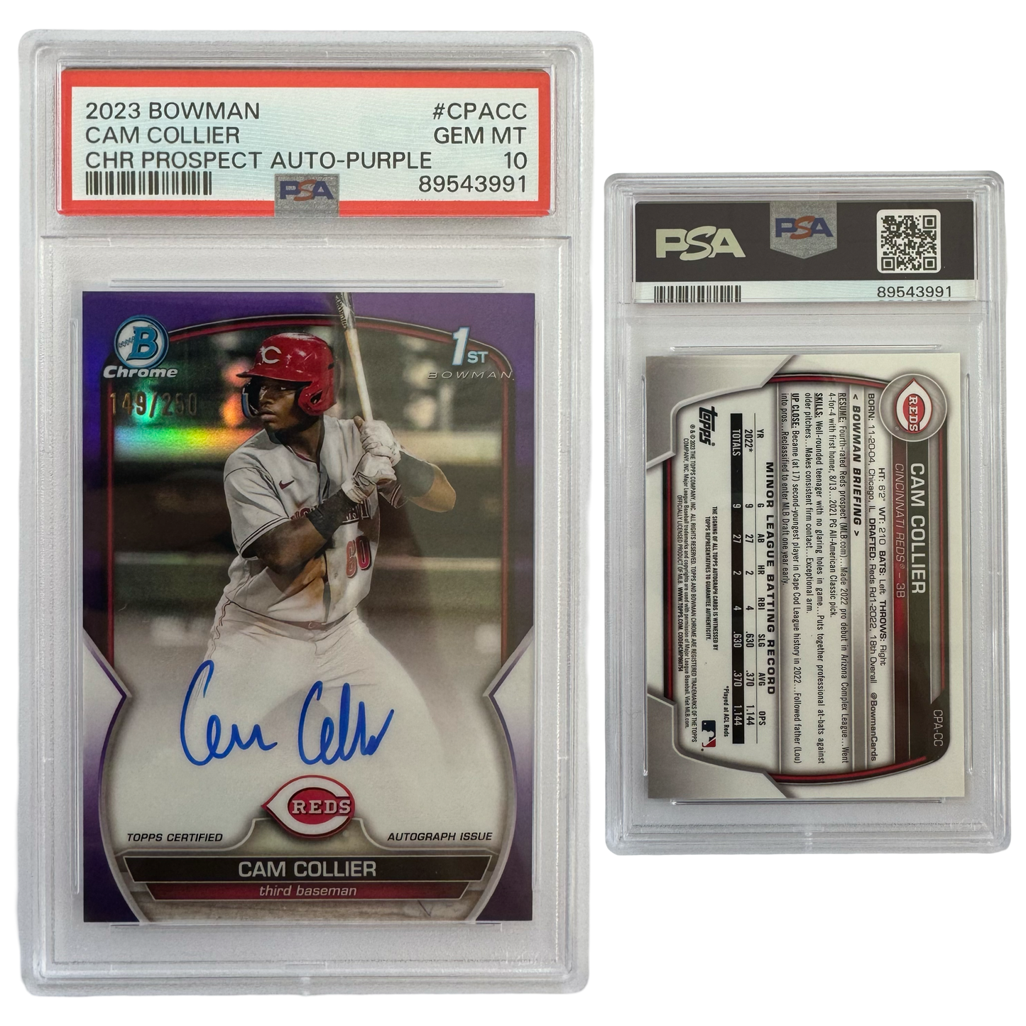 2023 Cam Collier Autographed Bowman Chrome Prospects Purple Refractor /250 #CPACC PSA GEM MT 10